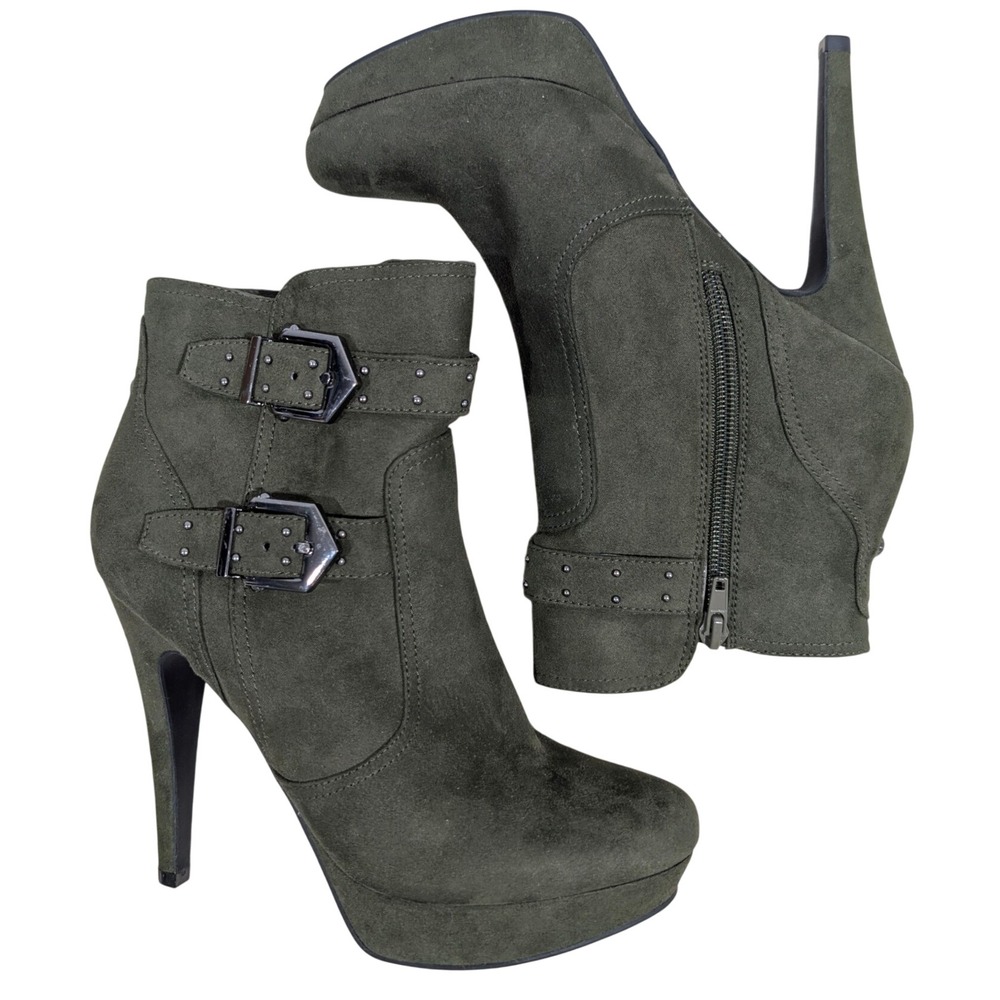 G by Guess Womens Olive Green Faux Suede Buckle Platform Stiletto Ankle Boots 8M